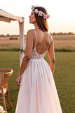 A Line White Spaghetti Straps Sweep Train Wedding Dress with Lace