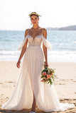 White A Line Backless Sweep Train Beach Wedding Dress