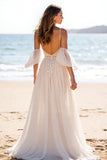 White A Line Backless Sweep Train Beach Wedding Dress