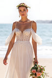 White A Line Backless Sweep Train Beach Wedding Dress