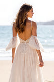White A Line Backless Sweep Train Beach Wedding Dress