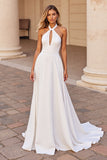 White Halter A Line Keyhole Wedding Dress