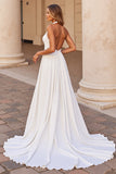White Halter A Line Keyhole Wedding Dress