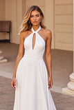 White Halter A Line Keyhole Wedding Dress