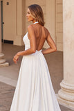 White Halter A Line Keyhole Wedding Dress