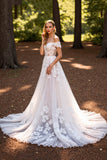 A Line White Off the Shoulder Sweep Train Wedding Dress with Lace