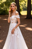 A Line White Off the Shoulder Sweep Train Wedding Dress with Lace
