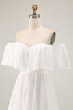 White Off the Shoulder Ruffle Chiffon A Line Wedding Dress