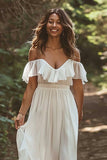 A Line Ruffled White Off the Shoulder Wedding Dress