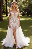 White Cold Shoulder Boho Sweep Train Wedding Dress with Lace