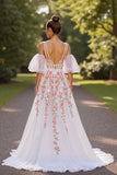 White Floral V Neck A Line Wedding Dress with Detachable Sleeves