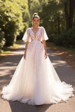 White Floral Half Sleeves A Line Wedding Dress