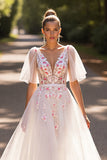 White Floral Half Sleeves A Line Wedding Dress