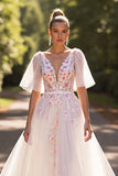 White Floral Half Sleeves A Line Wedding Dress