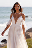 A Line White Cold Shoulder Chiffon Beach Wedding Dress