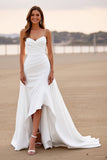 White Spaghetti Straps Ruched High Low Wedding Dress