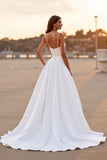 White Spaghetti Straps Ruched High Low Wedding Dress