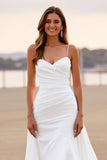 White Spaghetti Straps Ruched High Low Wedding Dress