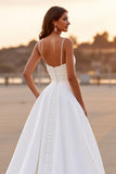White Spaghetti Straps Ruched High Low Wedding Dress