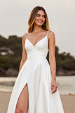 White Simple Satin A Line Wedding Dress with Slit