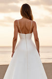White Simple Satin A Line Wedding Dress with Slit