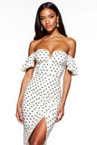 Off the Shoulder Bodycon Ruffled White Black Polka Dots Dress