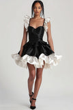 Black A Line Satin Ruffled Short Cocktail Dress