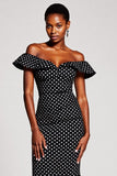 Off The Shoulder Mermaid Ruffled Black White Polka Dots Dress