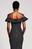 Off The Shoulder Mermaid Ruffled Black White Polka Dots Dress