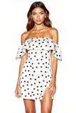 Off the Shoulder Ruffled White Black Polka Dots Dress