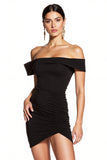 Black Off the Shoulder Ruched Bodycon Cocktail Dress
