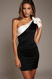 Black One Shoulder Bodycon Cocktail Dress with Bow