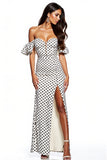 Off the Shoulder White Black Polka Dot Formal Dress with Slit
