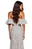 Off the Shoulder White Black Polka Dot Formal Dress with Slit