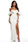 Mermaid Off the Shoulder Ruffled White Formal Dress with Slit