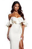 Mermaid Off the Shoulder Ruffled White Formal Dress with Slit