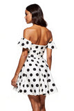 White Off the Shoulder Black Polka Dot A Line Cocktail Dress