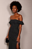 Black Off the Shoulder White Polka Dot Formal Dress with Slit
