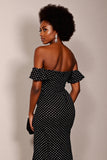 Black Off the Shoulder White Polka Dot Formal Dress with Slit