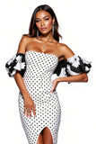 Strapless White Black Polka Dot Midi Cocktail Dress with Slit