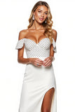 Off the Shoulder Mermaid White Formal Dress with Slit