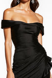 Off the Shoulder Satin Bodycon Black Cocktail Dress with Slit