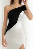 One Shoulder Black and White Midi Cocktail Dress with Slit