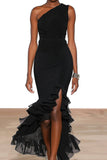 One Shoulder Mermaid Black Formal Dress with Ruffles