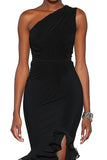 One Shoulder Mermaid Black Formal Dress with Ruffles