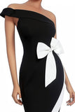One Shoulder Black and White Bodycon Cocktail Dress with Bow