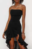 High Low Strapless Black Cocktail Dress with Ruffles