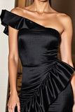 Black Ruffled Bodycon One Shoulder Cocktail Dress