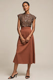 Sparkly Brown A Line Midi Work Dress with Beading