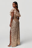 Sparkly Champagne Sheath Sequins Long Gala Dress